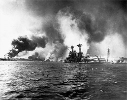 US Navy battleship USS California sinking alongside Ford Island, Pearl Harbor