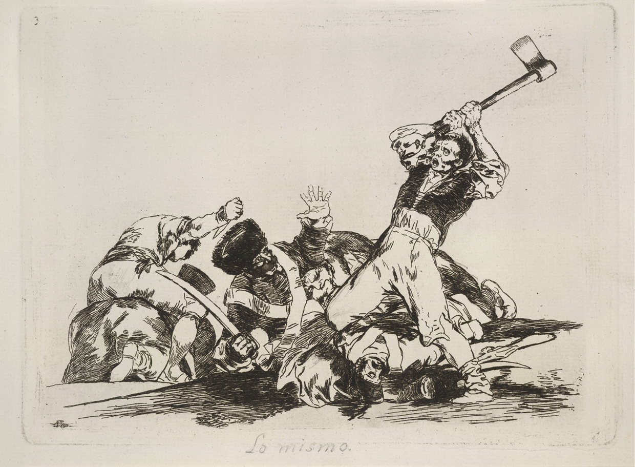 Francisco de Goya, Desperate man wielding axe against soldiers. Plate 3, from The Disasters of War. ca. 1810-12